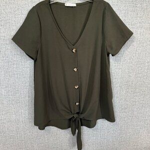 Olive Green Button-Front, Tie Waist Top
